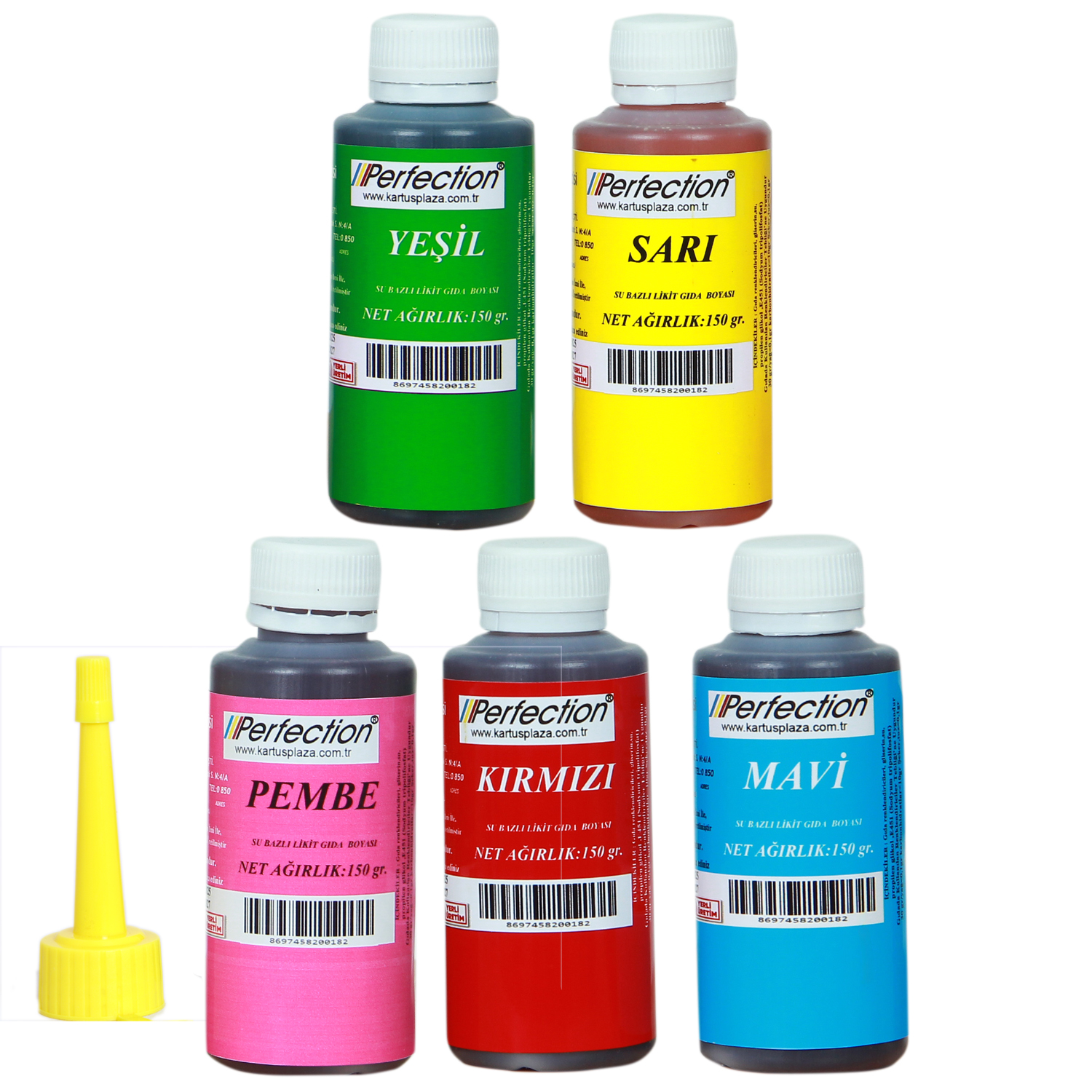 Perfection Chef 5'li Sıvı Su Bazlı Likit Gıda Boyası Pembe Sarı Kırmızı Mavi Yeşil 5 x 150 gr .
